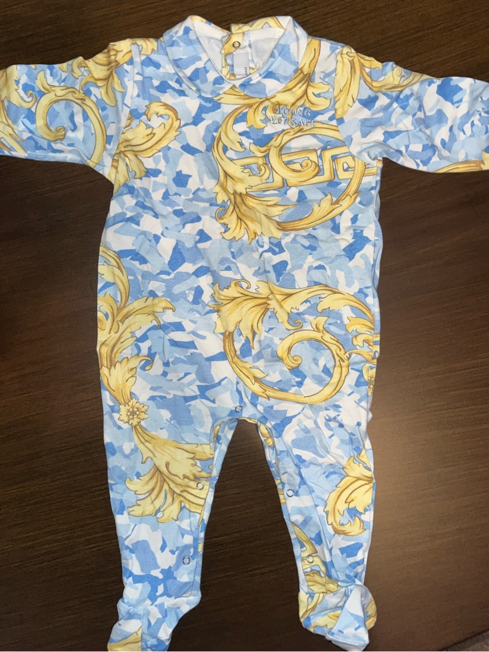 Versace Blue & Yellow Baroque Print Footed One-Piece NWOT
